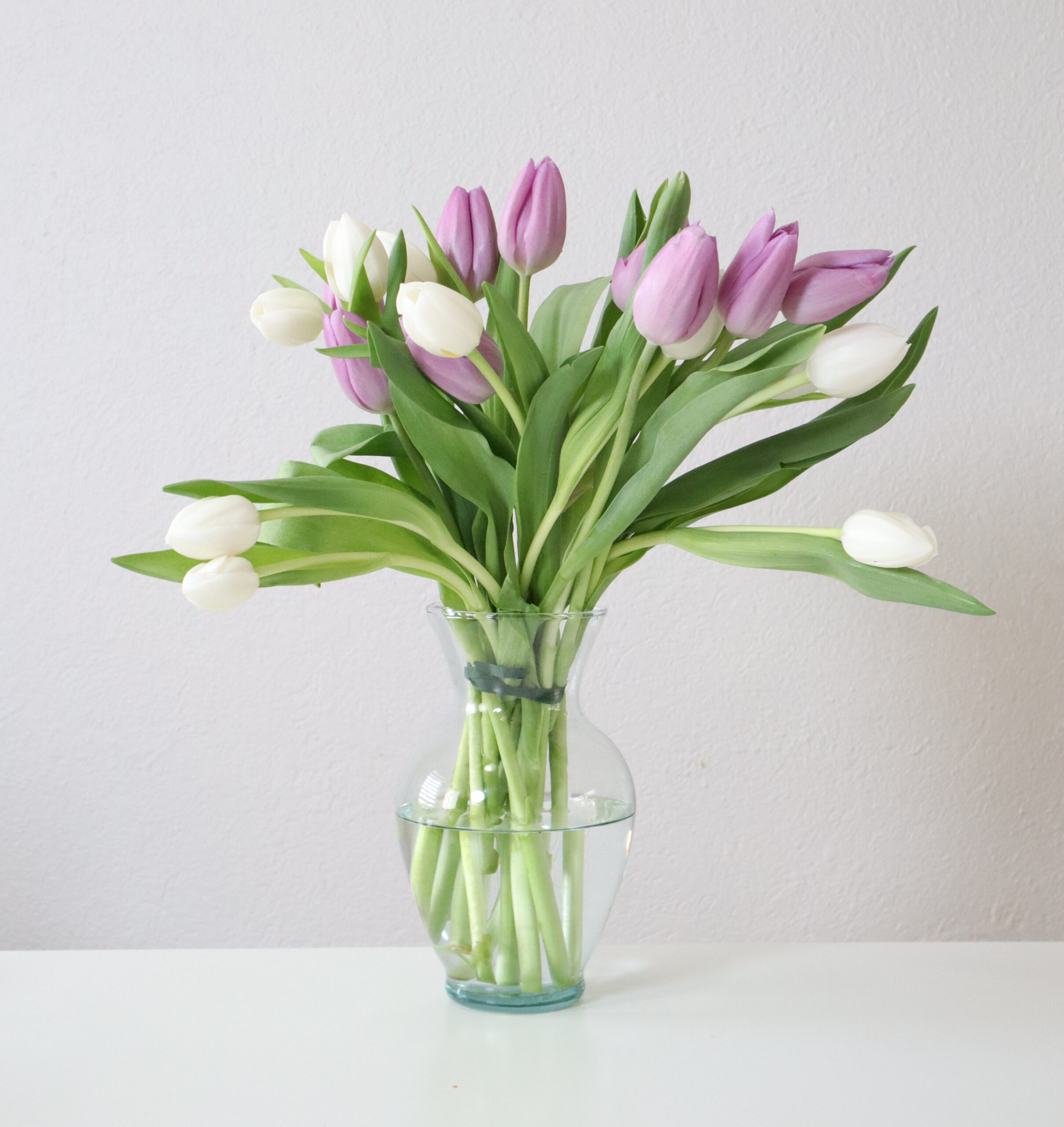 Tulipanes Lila y Blanco con Florero de Vidrio